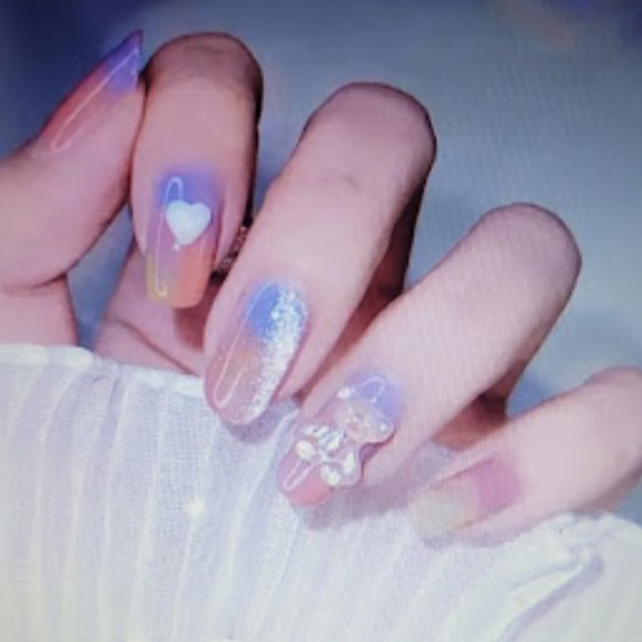 Set/24 Pink/Blue Short Square Nails with Bears & Hearts - Picture 1 of 4